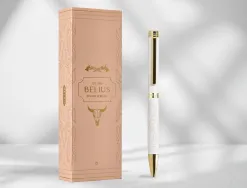 Stylo-bille belius wild west aluminium encre bleue attributs dores coloris creme coffret design