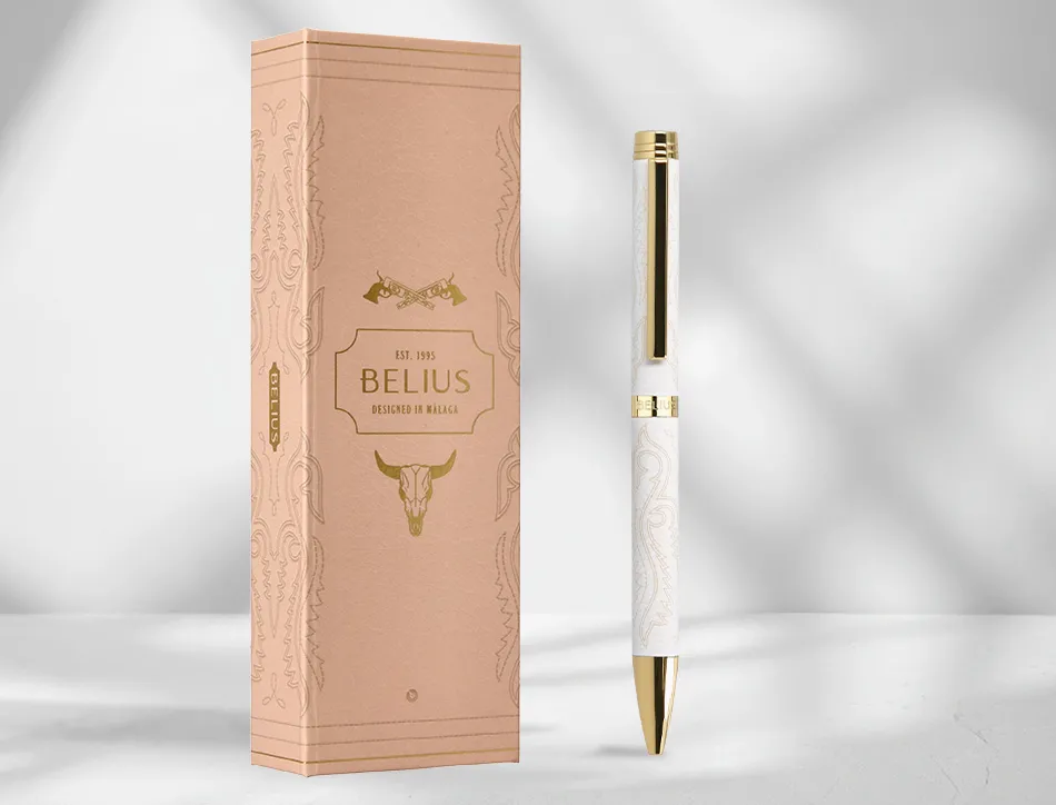 Stylo-bille belius wild west aluminium encre bleue attributs dores coloris creme coffret design
