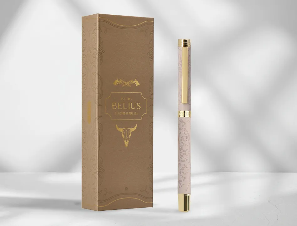Stylo-bille belius wild west aluminium encre noire attributs dores coloris beige coffret design