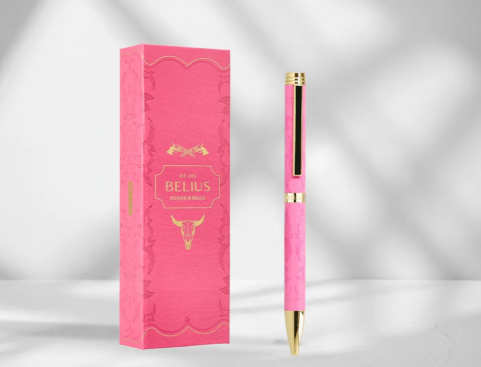 Stylo-bille belius wild west aluminium encre bleue coloris rose dore boite design