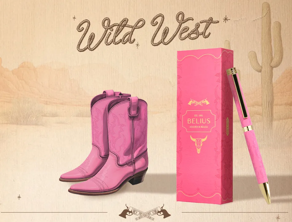 Stylo-bille belius wild west aluminium encre bleue coloris rose dore boite design