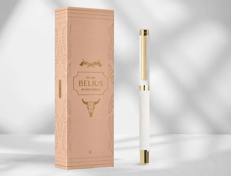 Stylo-bille belius wild west aluminium encre noire attributs dores coloris creme coffret design