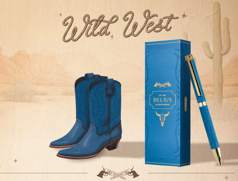 Stylo-bille belius wild west aluminium encre bleue coloris bleu marine dore boite design