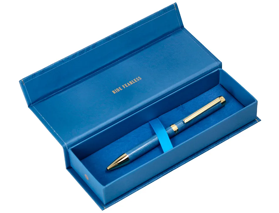 Stylo-bille belius wild west aluminium encre bleue coloris bleu marine dore boite design