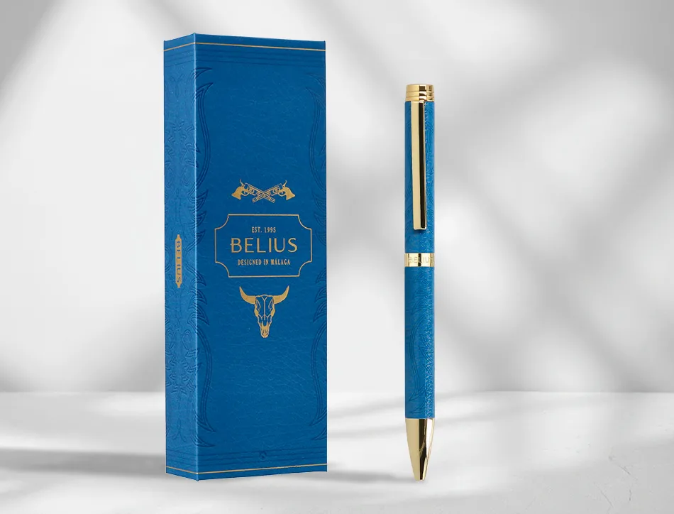 Stylo-bille belius wild west aluminium encre bleue coloris bleu marine dore boite design