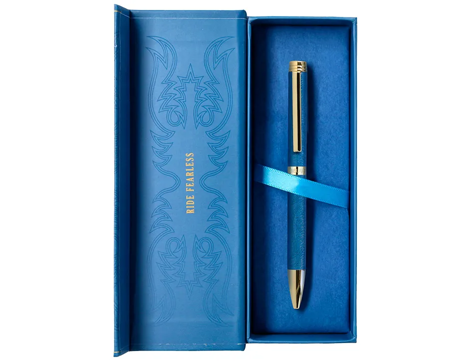 Stylo-bille belius wild west aluminium encre bleue coloris bleu marine dore boite design
