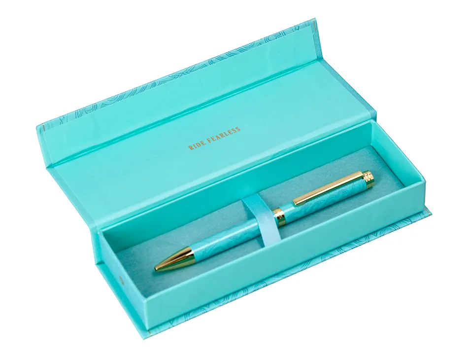 Stylo-bille belius wild west aluminium encre bleue coloris bleu turquoise boite design