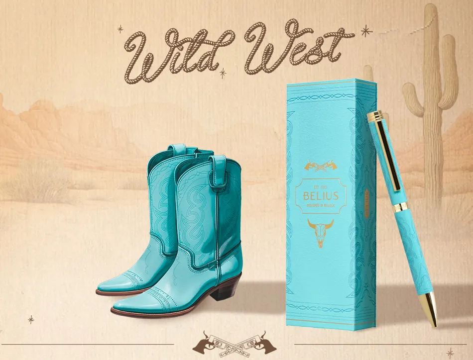 Stylo-bille belius wild west aluminium encre bleue coloris bleu turquoise boite design