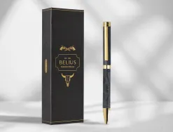 Stylo-bille belius wild west aluminium encre bleue coloris noir dore boite design
