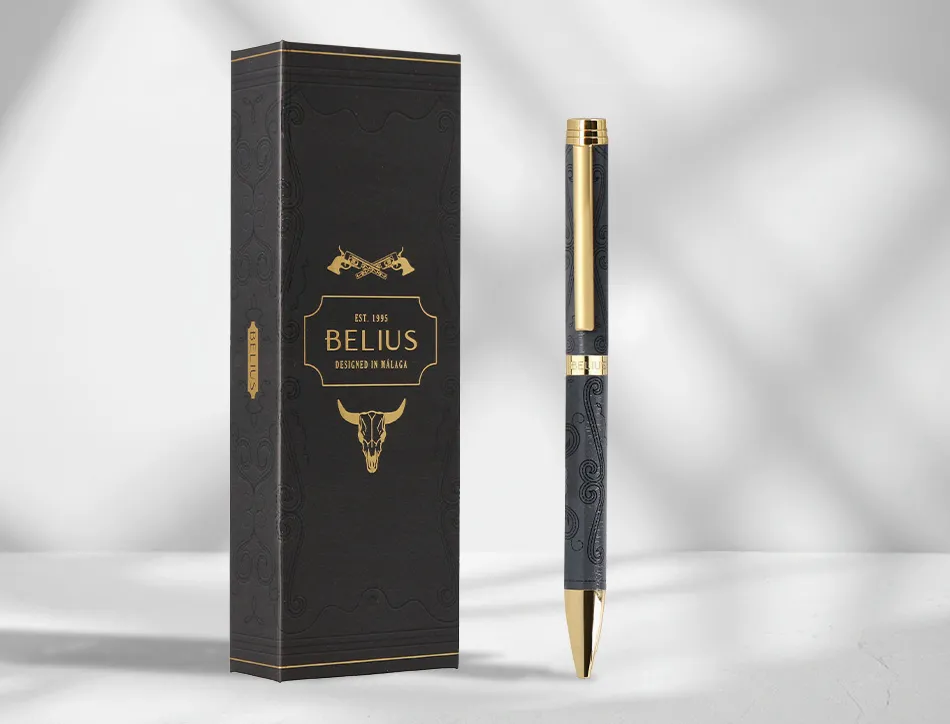 Stylo-bille belius wild west aluminium encre bleue coloris noir dore boite design