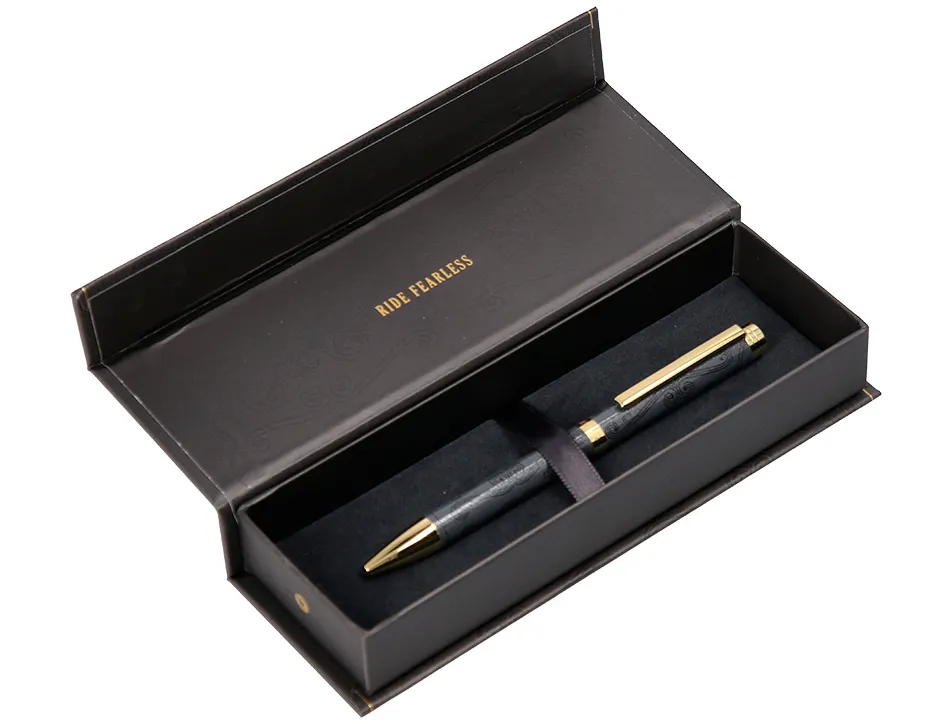 Stylo-bille belius wild west aluminium encre bleue coloris noir dore boite design