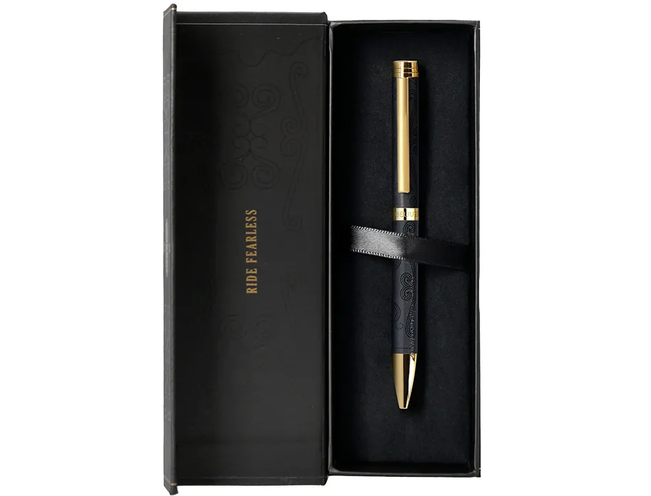 Stylo-bille belius wild west aluminium encre bleue coloris noir dore boite design
