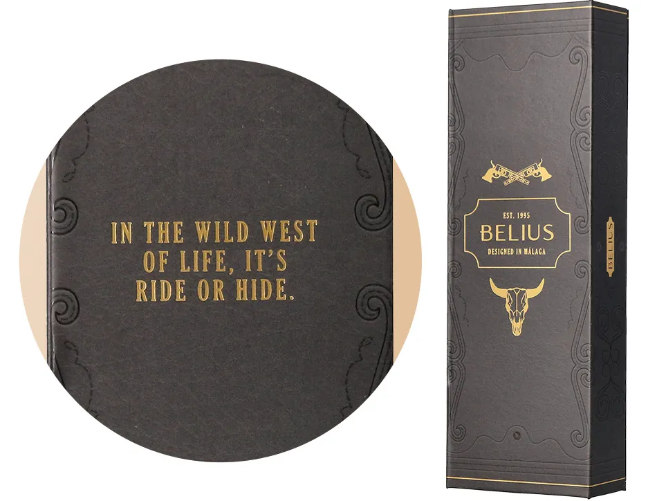 Stylo-bille belius wild west aluminium encre bleue coloris noir dore boite design