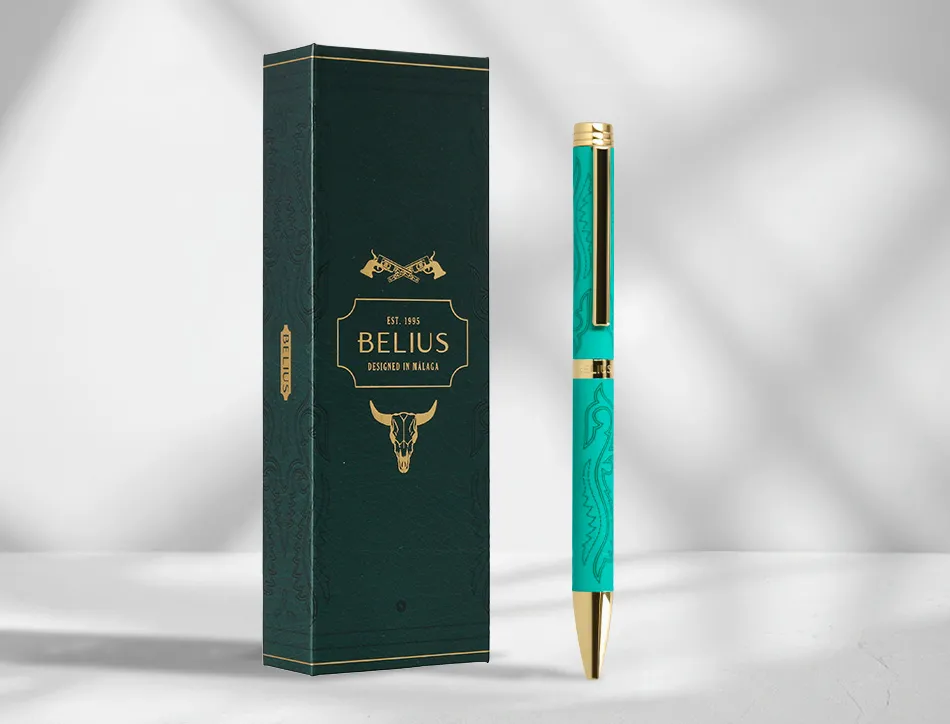 Stylo-bille belius wild west aluminium encre bleue coloris vert dore boite design