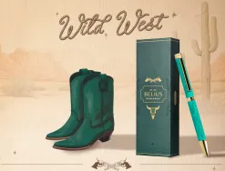 Stylo-bille belius wild west aluminium encre bleue coloris vert dore boite design