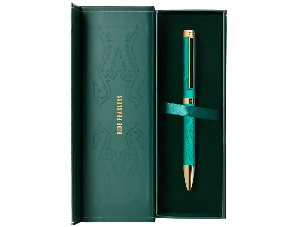 Stylo-bille belius wild west aluminium encre bleue coloris vert dore boite design