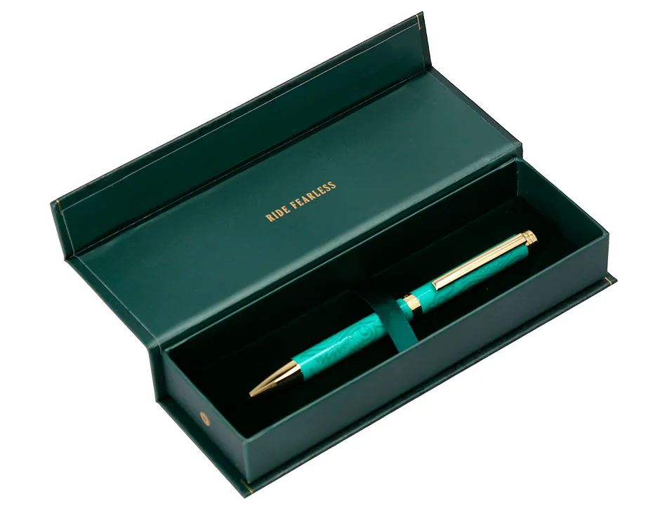 Stylo-bille belius wild west aluminium encre bleue coloris vert dore boite design
