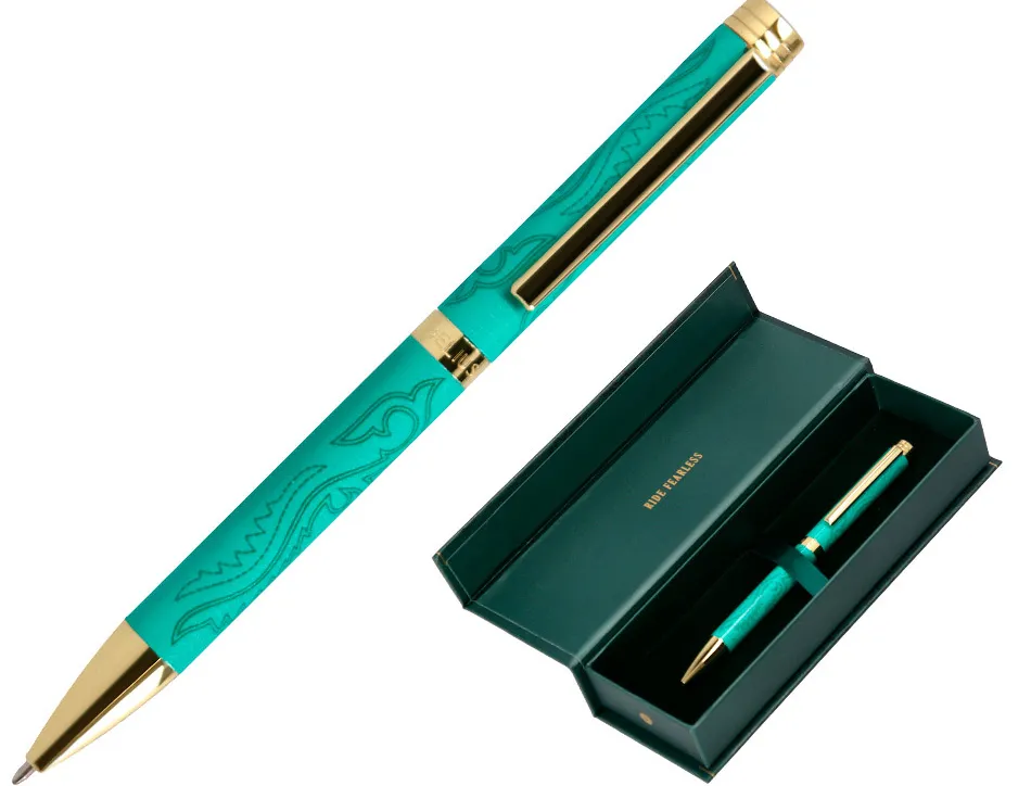 Stylo-bille belius wild west aluminium encre bleue coloris vert dore boite design