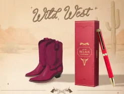 Stylo-bille belius wild west aluminium encre bleue coloris bordeaux dore boite design