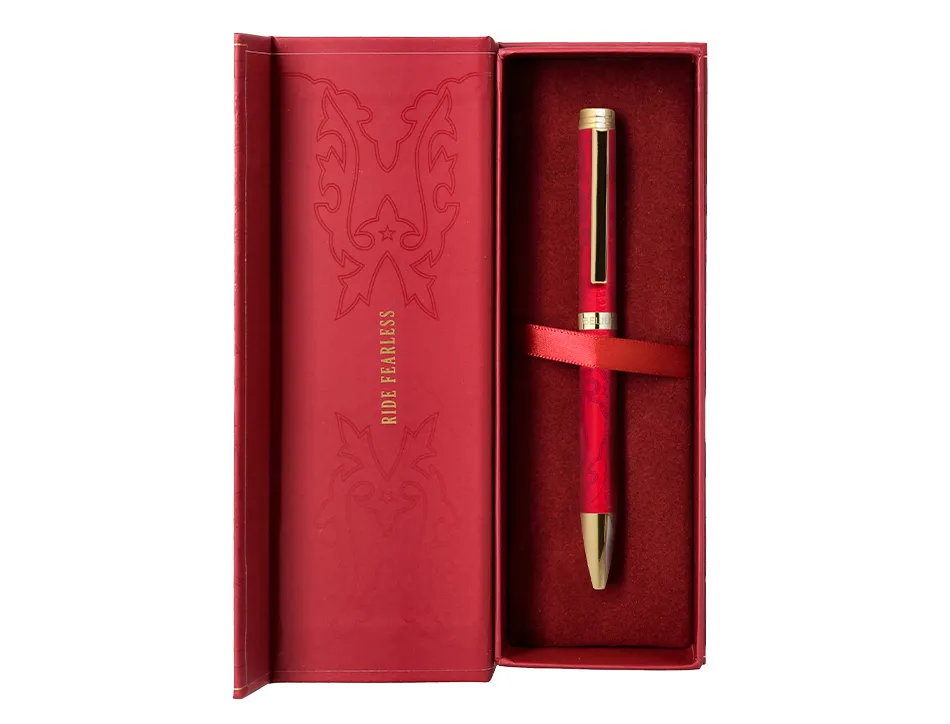 Stylo-bille belius wild west aluminium encre bleue coloris bordeaux dore boite design