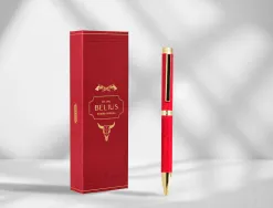 Stylo-bille belius wild west aluminium encre bleue coloris bordeaux dore boite design