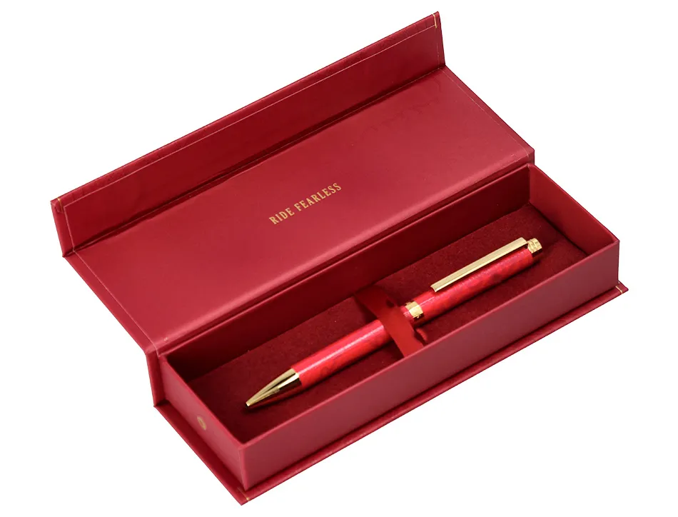 Stylo-bille belius wild west aluminium encre bleue coloris bordeaux dore boite design