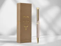 Stylo-bille belius wild west aluminium encre bleue attributs dores coloris beige coffret design