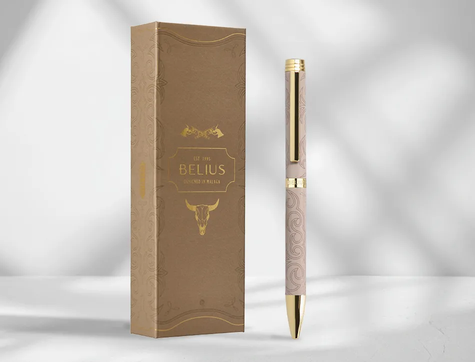 Stylo-bille belius wild west aluminium encre bleue attributs dores coloris beige coffret design