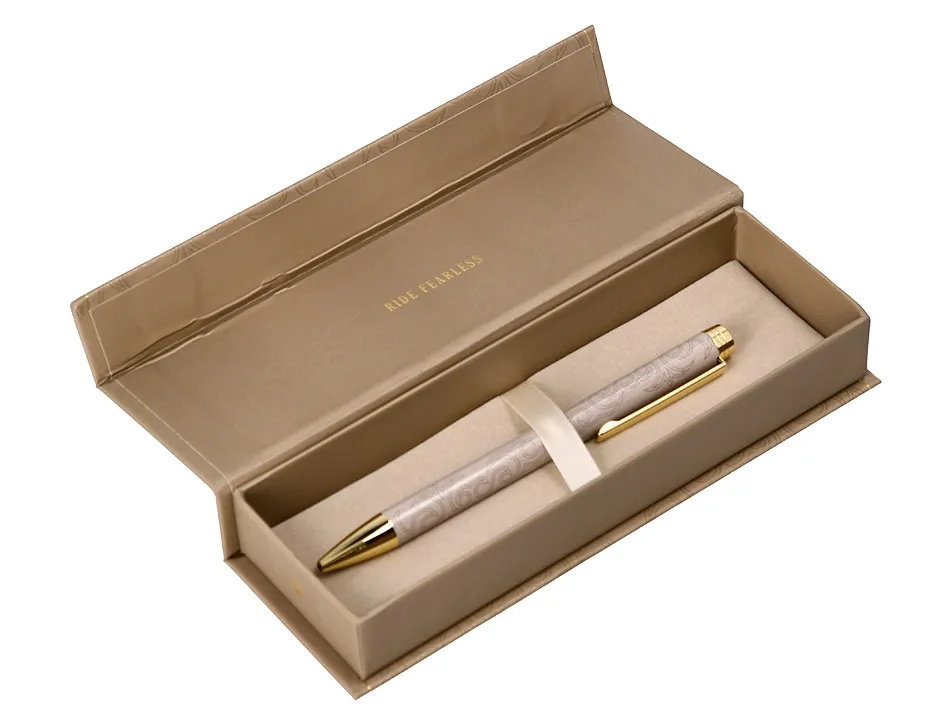 Stylo-bille belius wild west aluminium encre bleue attributs dores coloris beige coffret design