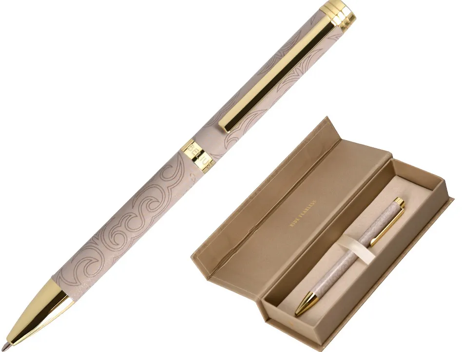 Stylo-bille belius wild west aluminium encre bleue attributs dores coloris beige coffret design
