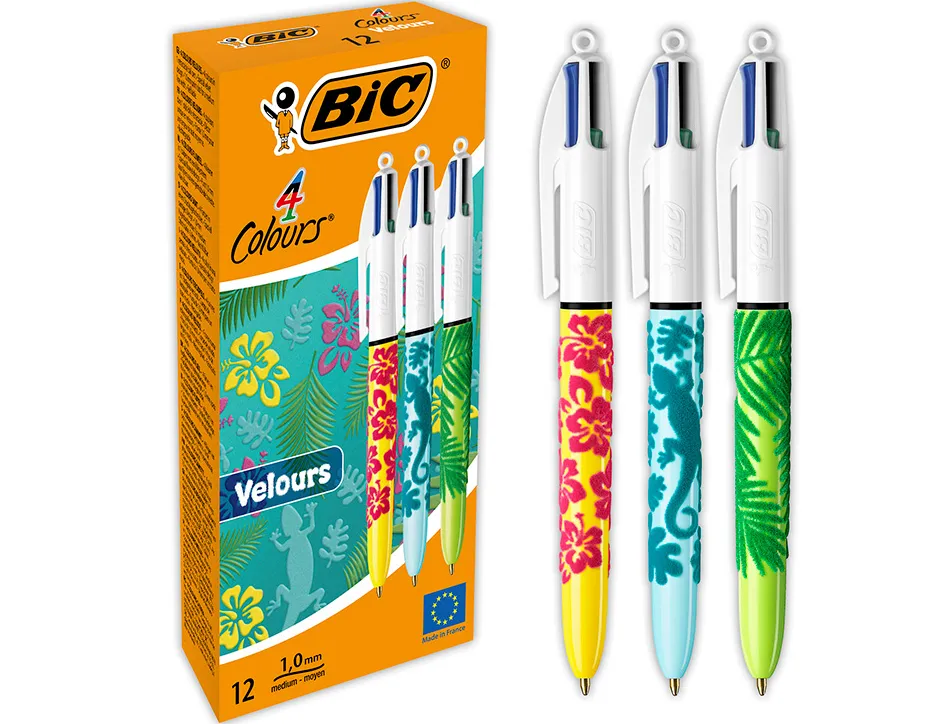 Stylo-bille bic 4 couleurs classiques pointe moyenne 1mm retractable rechargeable corps touche velours motifs