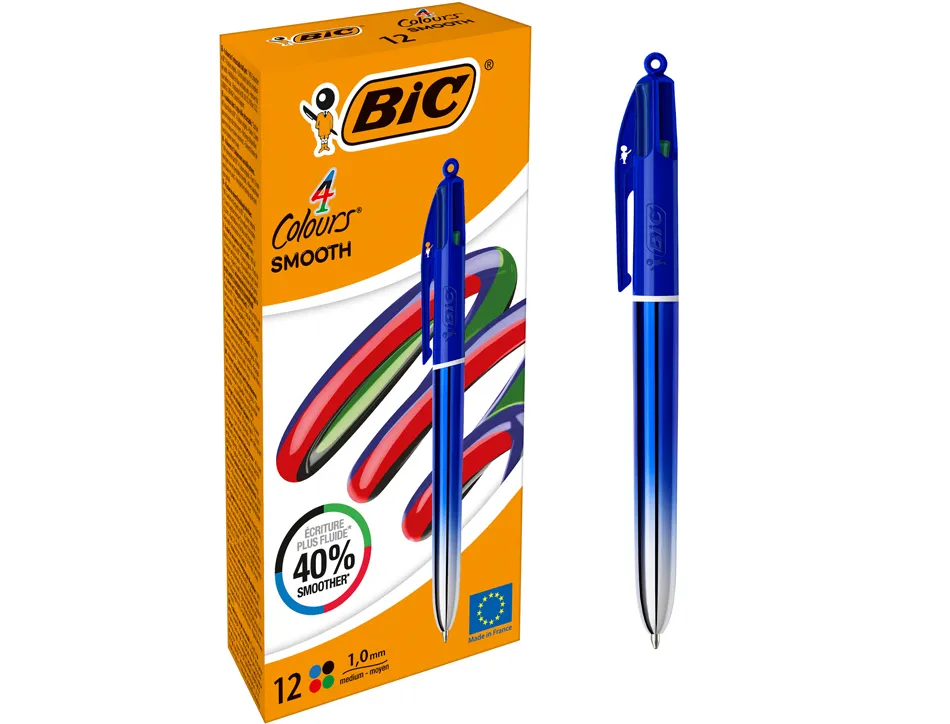 Stylo-bille bic 4 couleurs smooth pointe moyenne 1mm retractable rechargeable corps metallique irise bleu