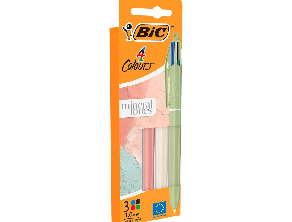 Stylo-bille bic 4 couleurs mineral tones pointe moyenne 1mm retractable coloris assortis etui 3 unites