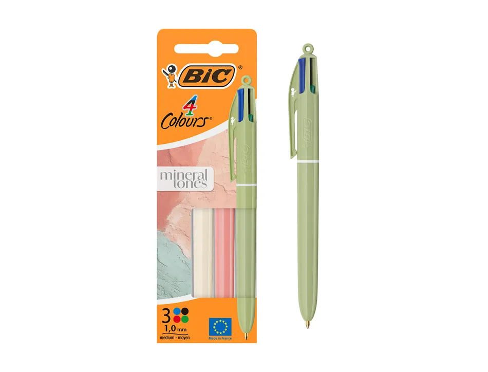 Stylo-bille bic 4 couleurs mineral tones pointe moyenne 1mm retractable coloris assortis etui 3 unites