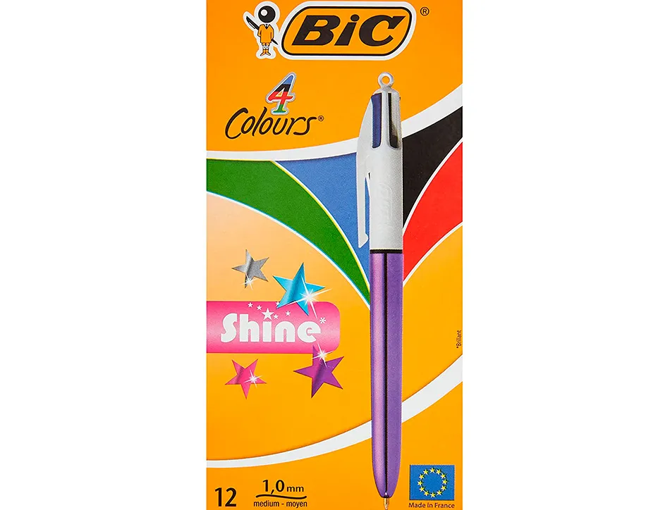 Stylo-bille bic 4 couleurs shine pointe 1mm écriture moyenne corps violet métallisé brillant