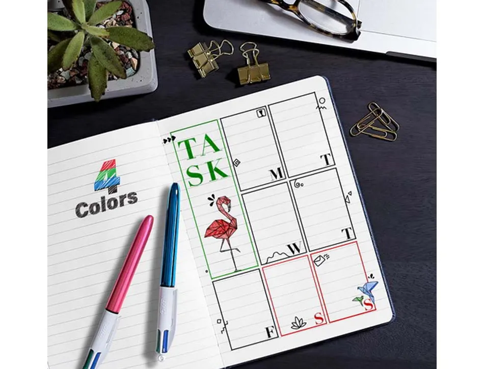 Stylo-bille bic 4 couleurs pointe moyenne encre classiquerétractable rechargeable 4 couleurs shine