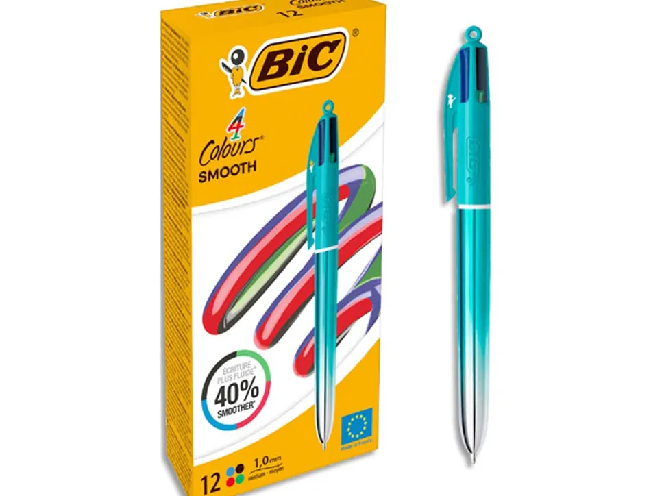 Stylo-bille bic 4 couleurs smooth pointe moyenne 1mm retractable rechargeable corps metallique irise