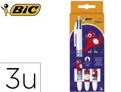 Stylo-bille bic 4 couleurs paris 2024 pointe moyenne 1mm retractable corps plastique modeles assortis coffret 3 unites