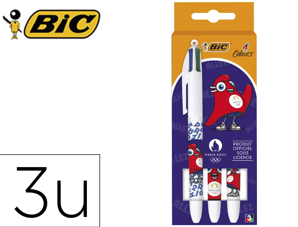 Stylo-bille bic 4 couleurs paris 2024 pointe moyenne 1mm retractable corps plastique modeles assortis coffret 3 unites