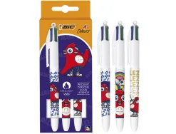 Stylo-bille bic 4 couleurs paris 2024 pointe moyenne 1mm retractable corps plastique modeles assortis coffret 3 unites