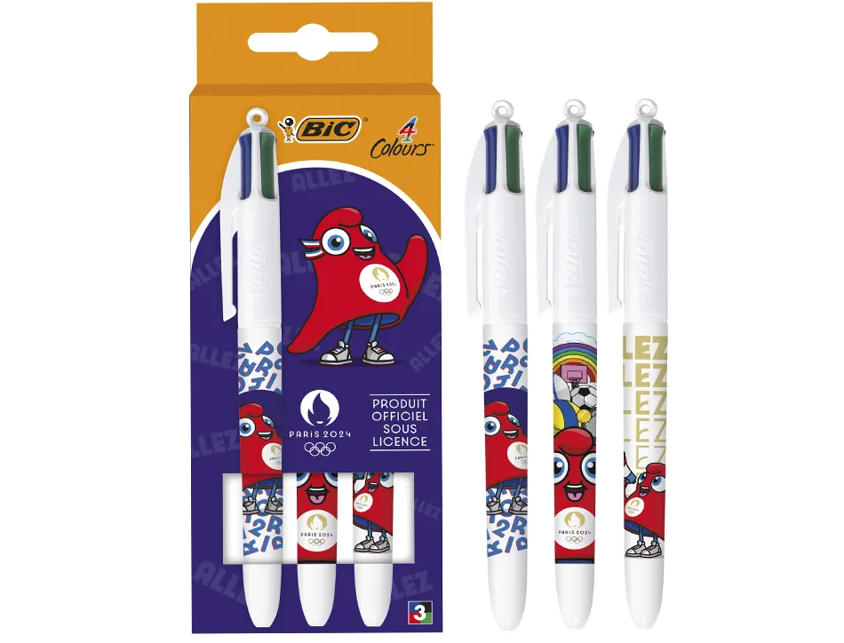 Stylo-bille bic 4 couleurs paris 2024 pointe moyenne 1mm retractable corps plastique modeles assortis coffret 3 unites