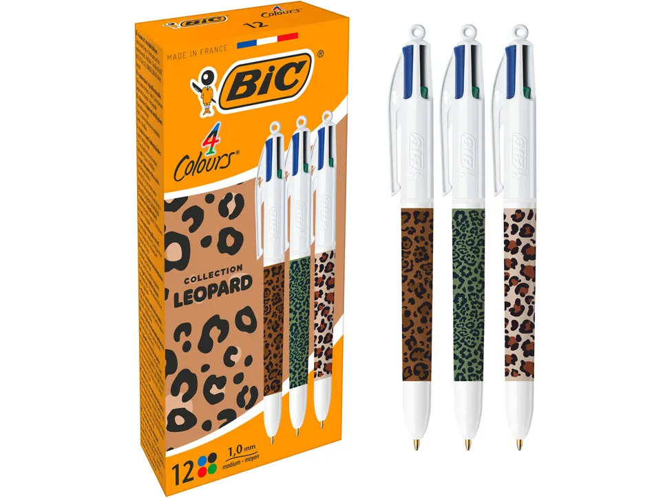 Stylo-bille bic 4 couleurs pointe moyenne 1mm retractable corps imprime leopard assortis