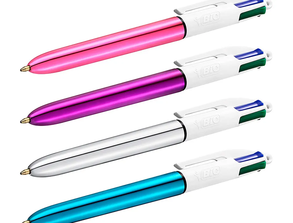 Stylo-bille bic 4 couleurs shine retractable rechargeable pointe moyenne 1mm corps blanc/or rose