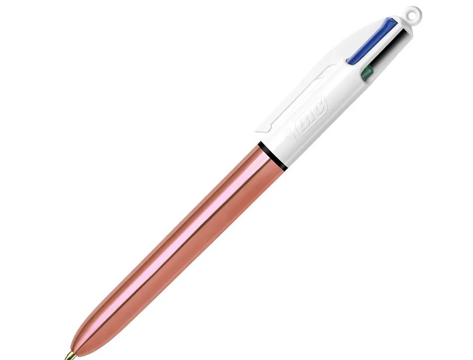 Stylo-bille bic 4 couleurs shine retractable rechargeable pointe moyenne 1mm corps blanc/or rose