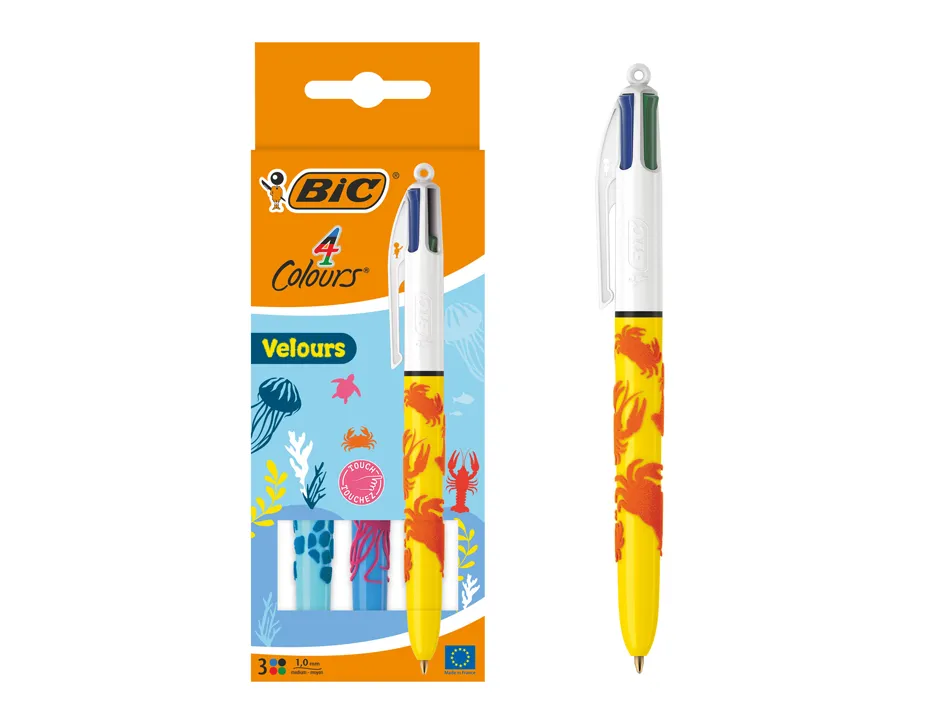 Stylo-bille bic 4 couleurs classiques pointe moyenne 1mm retractable rechargeable corps effet velours coffret 3