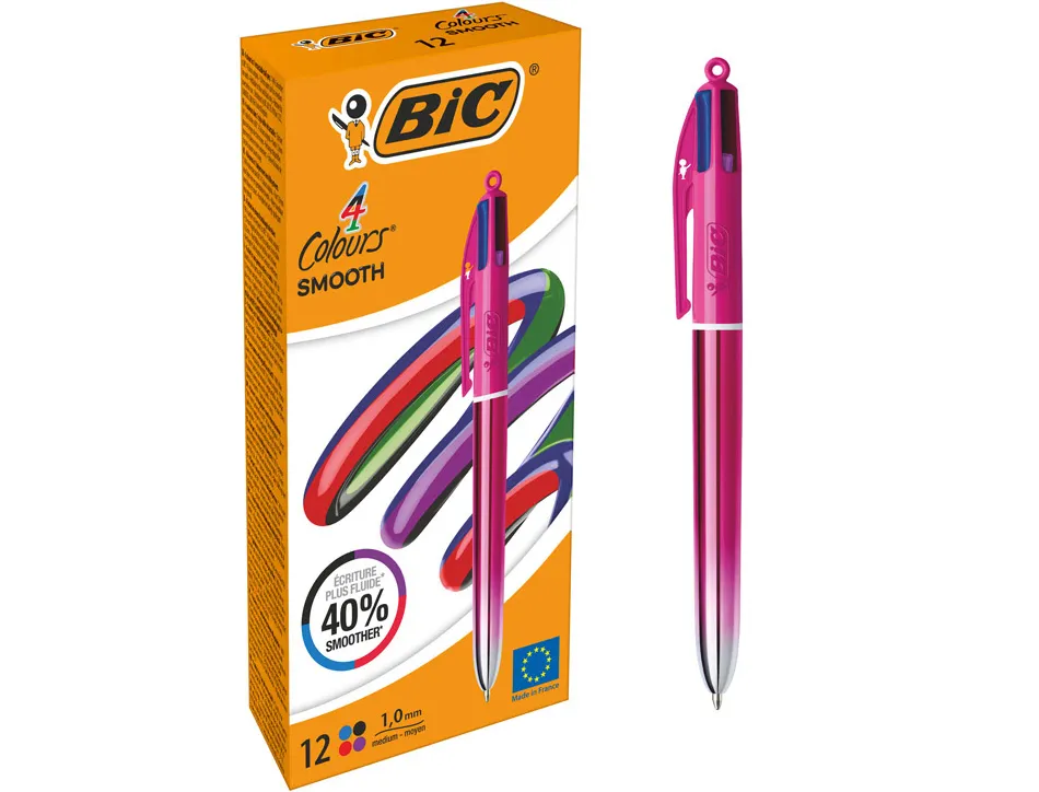 Stylo-bille bic 4 couleurs smooth corps metallique coloris rose pointe moyenne 1mm retractable encre