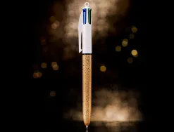 Stylo-bille bic 4 couleurs festif retractable rechargeable pointe moyenne 1mm corps large blanc/dore
