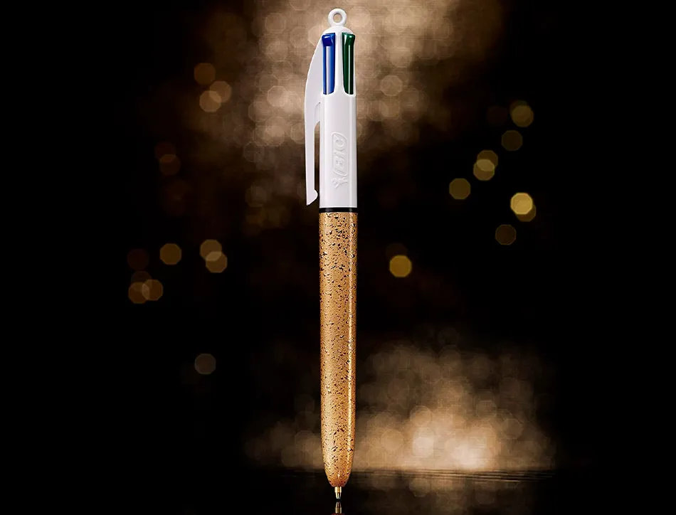 Stylo-bille bic 4 couleurs festif retractable rechargeable pointe moyenne 1mm corps large blanc/dore