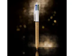 Stylo-bille bic 4 couleurs festif retractable rechargeable pointe moyenne 1mm corps large blanc/dore