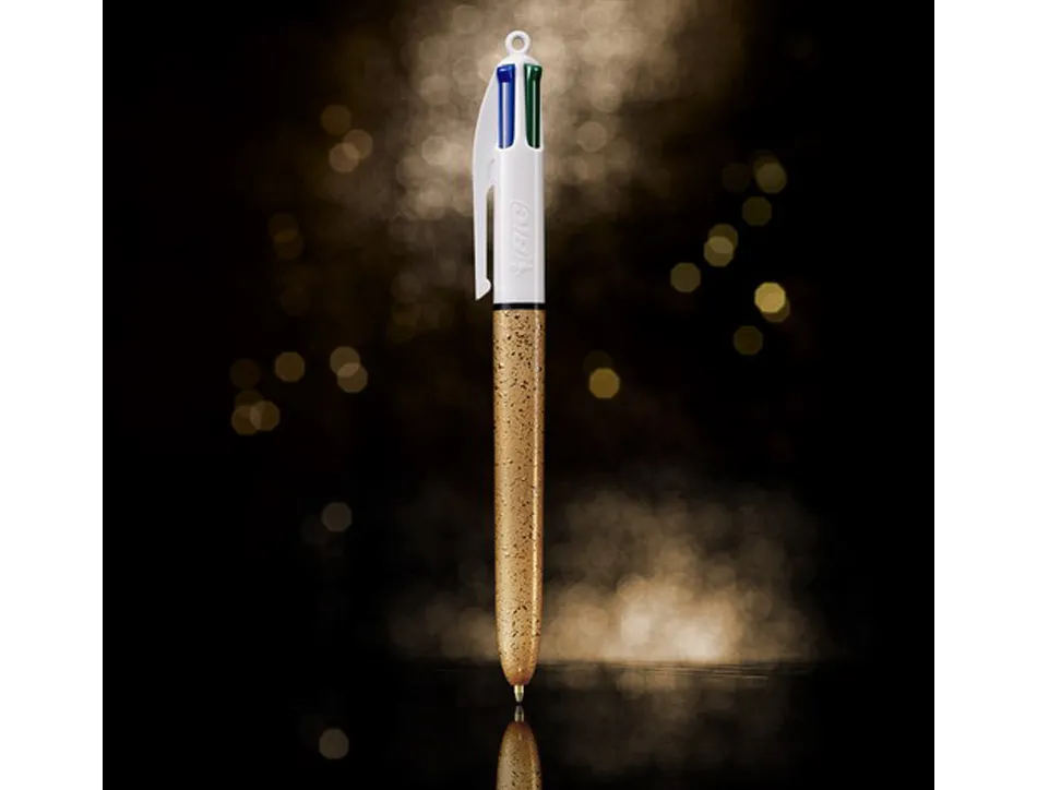 Stylo-bille bic 4 couleurs festif retractable rechargeable pointe moyenne 1mm corps large blanc/dore
